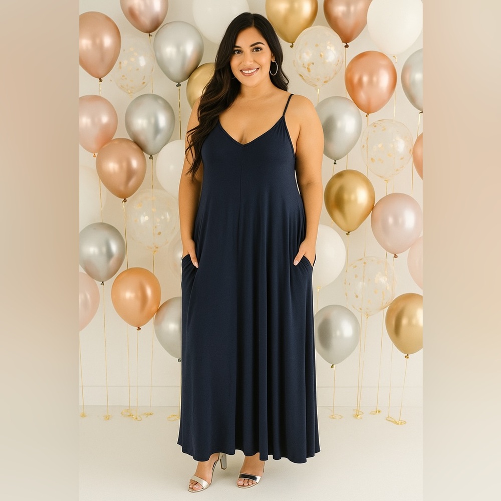 Plus V-Neck Cami Maxi Dresses W/ Pockets 1X,2X, 3X